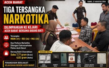 Satresnarkoba Polres Aceh Barat Limpahkan Tiga Tersangka Kasus Narkotika Bersama Barang Bukti 6,82 Gram Sabu ke Kejari