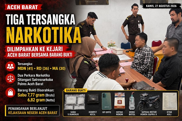 Satresnarkoba Polres Aceh Barat Limpahkan Tiga Tersangka Kasus Narkotika Bersama Barang Bukti 6,82 Gram Sabu ke Kejari