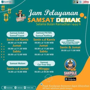 Jadwal Pelayanan Samsat dan Samsat Keliling Bulan Ramadhan 2023 Kabupaten Demak