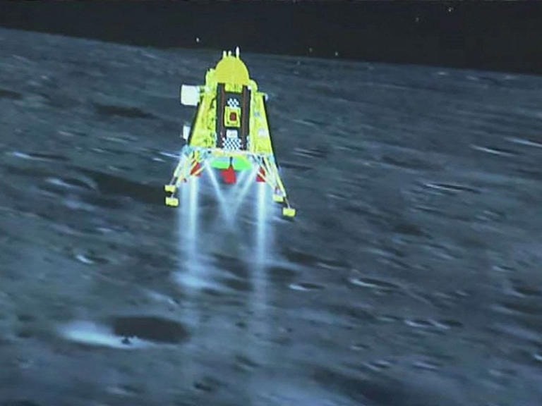 The Chandrayaan-3 spacecraft seconds before its successful lunar landing on the south pole of the Moon in an image from the live video feed on Indian Space Research Organisation (ISRO) website, Aug. 23, 2023. © Indian Space Research Org. via AFP/Getty Images