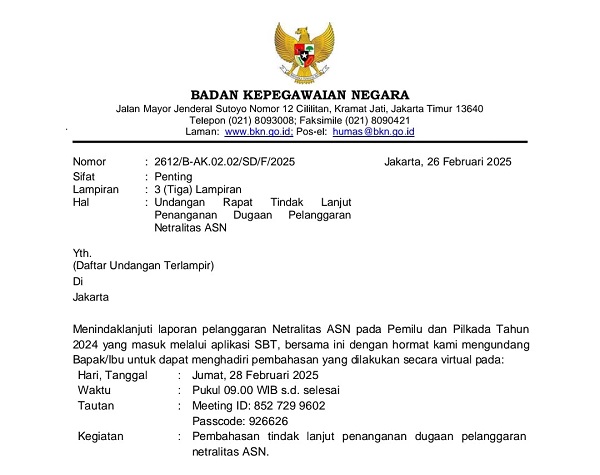 Dugaan Pelanggaran Pemilu dan Pilkada 2024, Besok BKN Akan Panggil Puluhan ASN