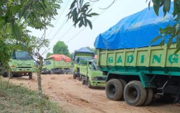 truk proyek dan alat berat sedang beroperasi di lokasi galian tanah merah Lebak