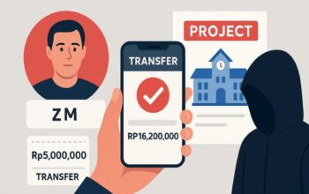 Ilustrasi bukti transfer dan identitas pelaku penipuan proyek pendidikan di Sukabumi