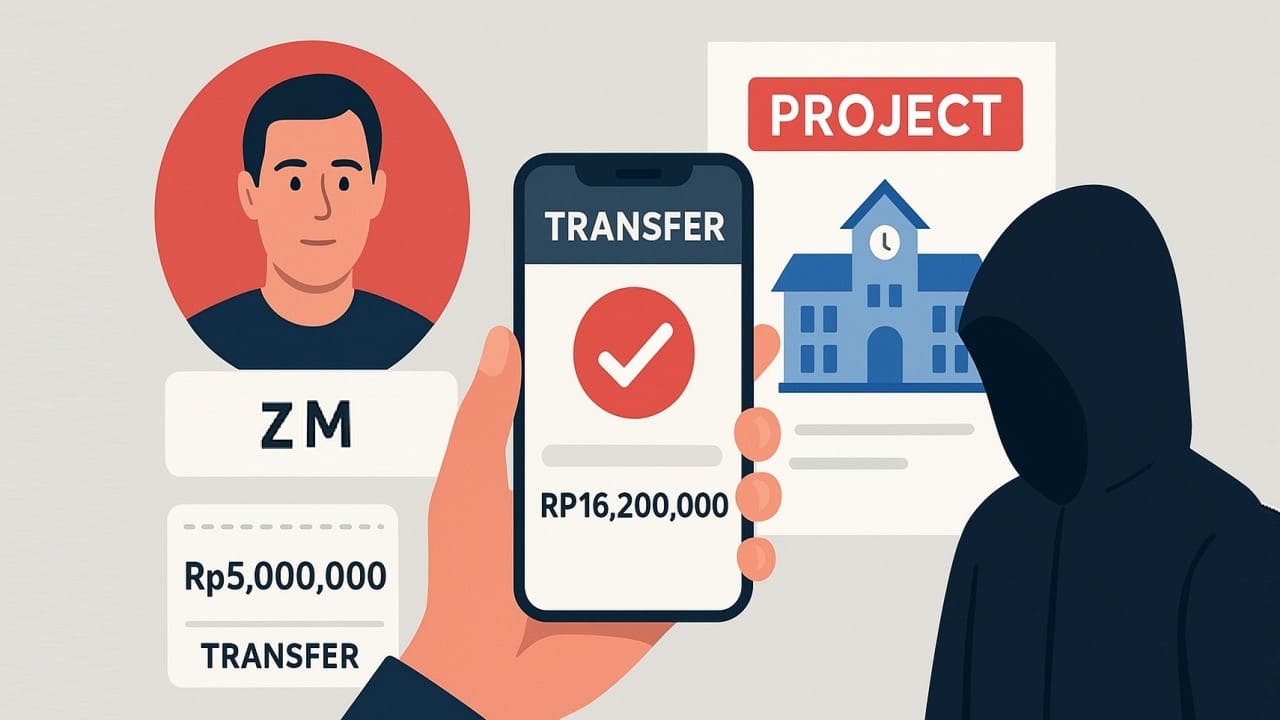 Ilustrasi bukti transfer dan identitas pelaku penipuan proyek pendidikan di Sukabumi