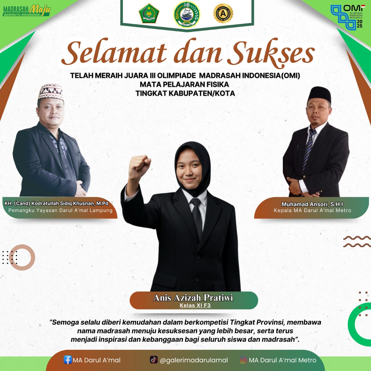 Siswi MA Darul Amal Lampung Raih Juara 3 Olimpiade Madrasah Indonesia