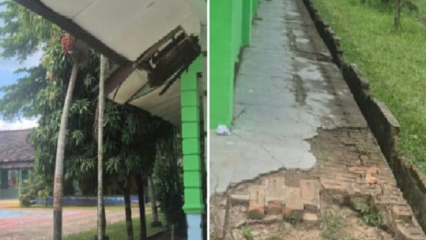 Kondisi sekolah SMP Negeri 2 Natar Lampung Selatan dengan plafon rusak dan cat kusam