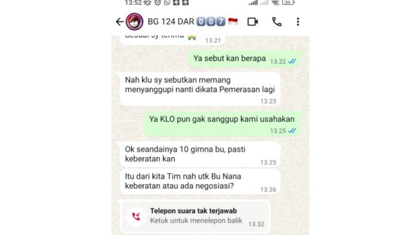 Bukti percakapan WA dugaan pemerasan wartawan Radar007 terhadap bendahara Prabu Satu Nasional