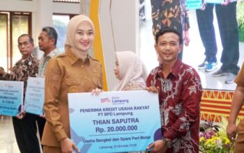 Wagub Jihan Nurlela menyerahkan Kredit Usaha Rakyat kepada pelaku UMKM Lampung