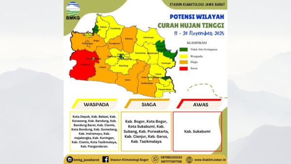 Peta peringatan dini curah hujan tinggi Jawa Barat November 2025 dari BMKG