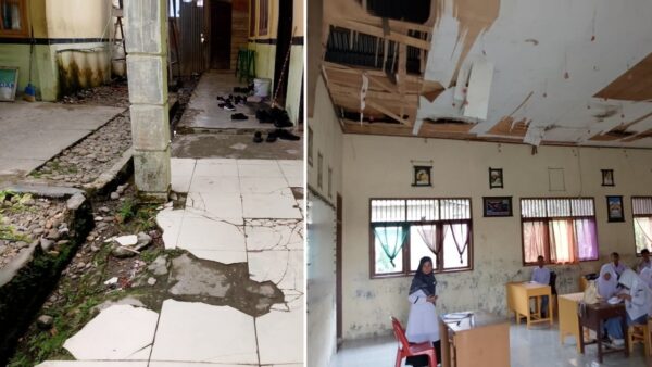 Kondisi ruang belajar MAN 4 Aceh Selatan dengan plafon rusak dan fasilitas terbatas