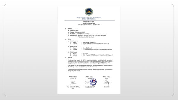 Surat penghentian sementara operasional MBG Palabuhanratu Sukabumi