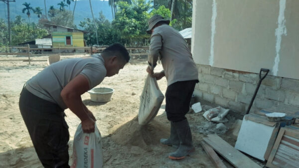 Personel Brimob Tapsel membangun hunian sementara korban banjir bersama warga