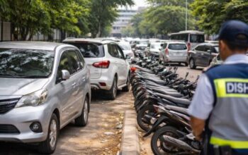 Kendaraan terparkir di area yang diduga menjadi lokasi parkir liar di kawasan CNI Puri Kembangan Jakarta Barat.
