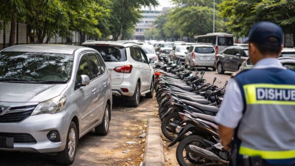 Kendaraan terparkir di area yang diduga menjadi lokasi parkir liar di kawasan CNI Puri Kembangan Jakarta Barat.