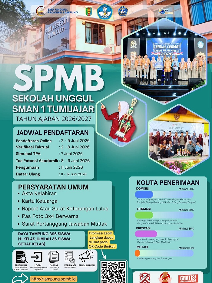 SPMB 2026 SMAN 1 Tumijajar Lampung Resmi Dibuka