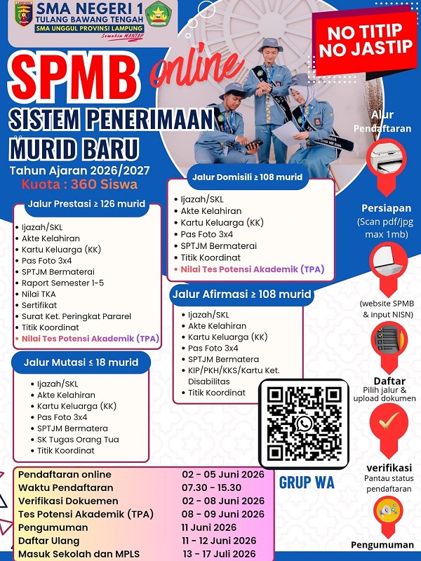 SPMB SMAN 1 Tulang Bawang Tengah 2026 Dibuka 2 Juni