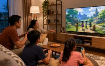 Keluarga Indonesia bermain JRPG di Nintendo Switch bersama di ruang keluarga tahun 2026.
