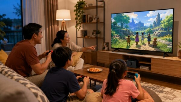 Keluarga Indonesia bermain JRPG di Nintendo Switch bersama di ruang keluarga tahun 2026.