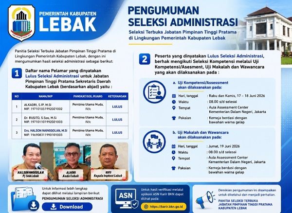 Tiga Kandidat Lolos Seleksi Sekda Lebak 2026, Masuki Tahap Assessment dan Wawancara di Kemendagri