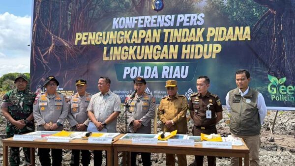 Bupati Rokan Hilir Bistamam bersama Kapolda Riau Irjen Pol Herry Heryawan saat meninjau lokasi dugaan perusakan hutan mangrove di Kabupaten Rokan Hilir.