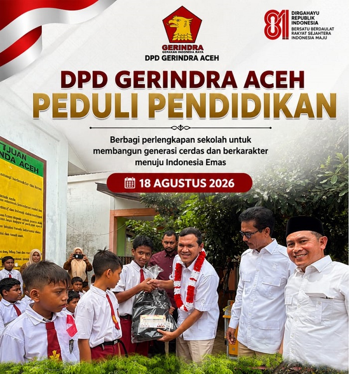 Gerindra Aceh Bagikan Paket Pendidikan kepada 95 Siswa SDN 72 Alue Naga