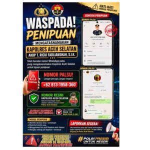 Polres Aceh Selatan Ingatkan Warga Waspada Penipuan WhatsApp Mengatasnamakan Kapolres