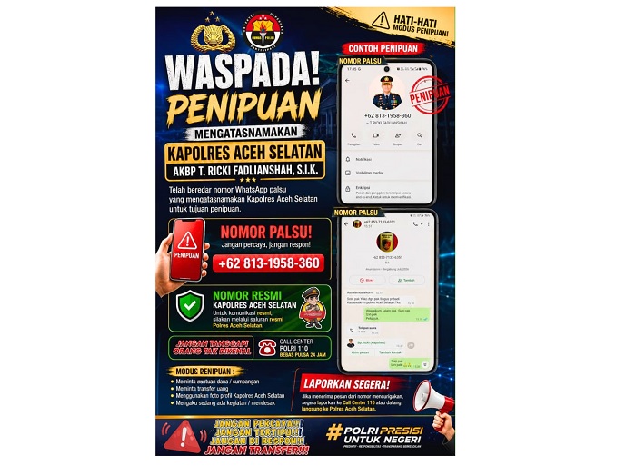 Polres Aceh Selatan Ingatkan Warga Waspada Penipuan WhatsApp Mengatasnamakan Kapolres