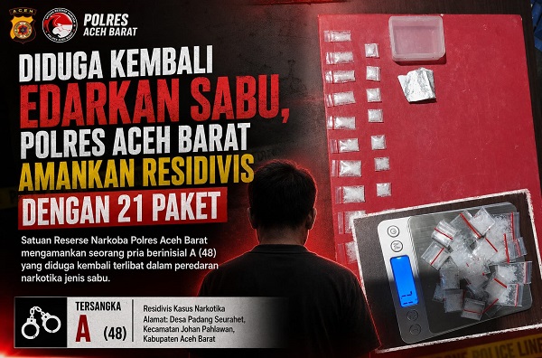Residivis Narkoba di Aceh Barat Ditangkap, Polisi Sita 21 Paket Sabu