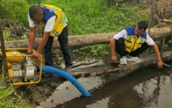 Petugas BWS Sumatera VI Jambi mengoperasikan pompa air untuk mengalirkan air ke persawahan terdampak kekeringan di Muaro Jambi.