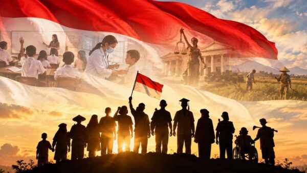 Ilustrasi bendera Merah Putih dengan siluet rakyat Indonesia sebagai simbol refleksi makna kemerdekaan dan kedaulatan rakyat.