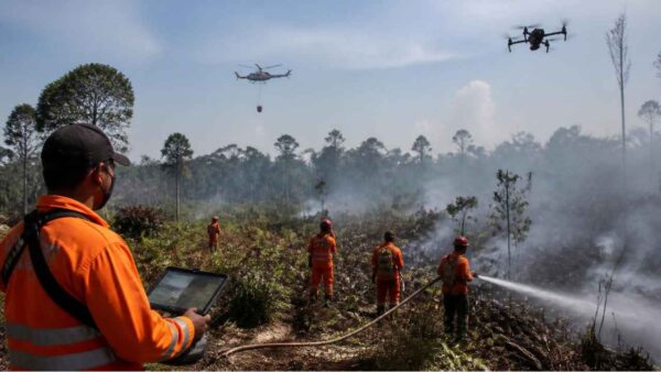 Penanganan karhutla melalui petugas darat dan dukungan udara di kawasan hutan.